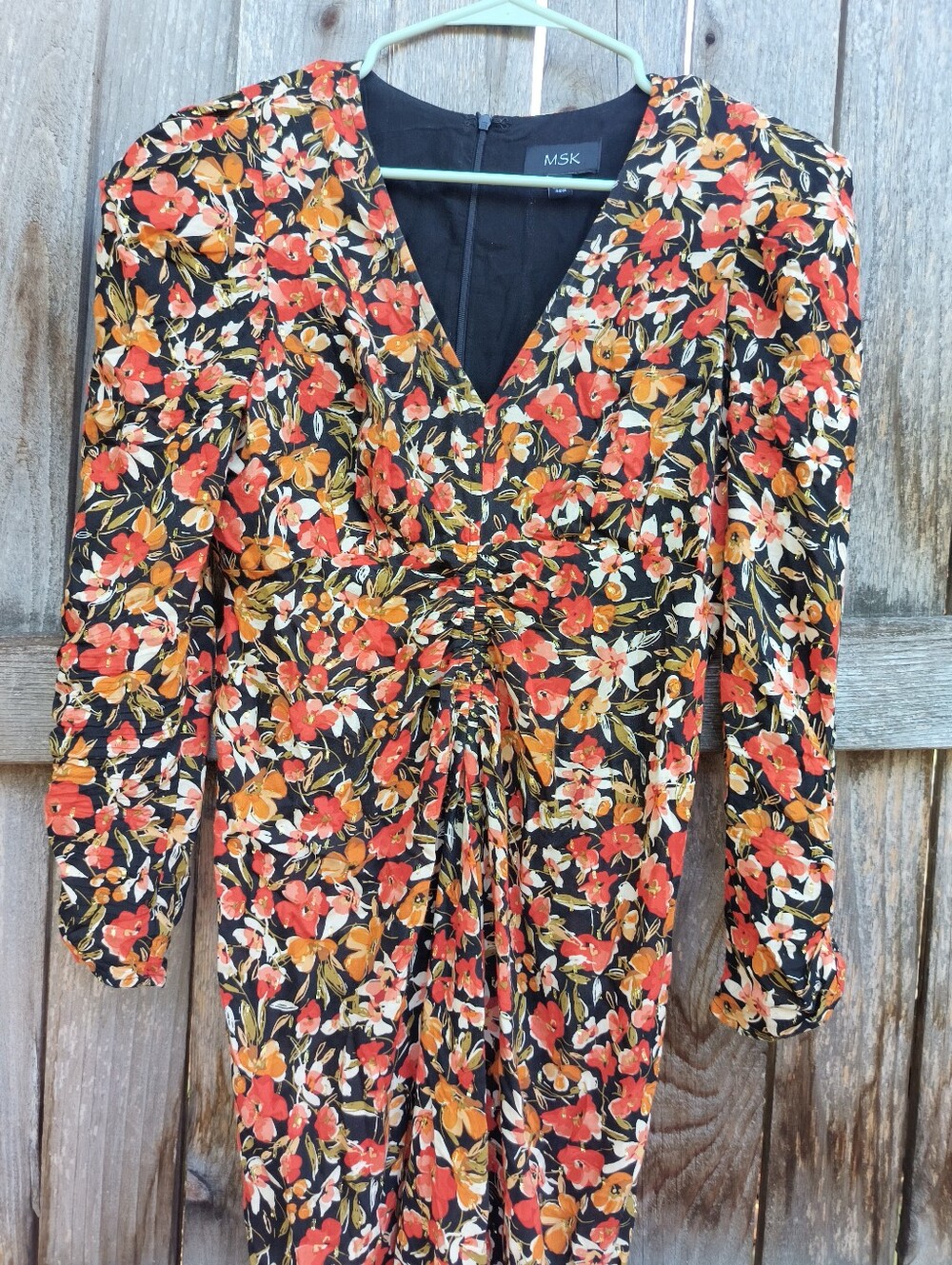 Vintage MSK Black Floral V-Neck Ruched Long Sleeve Maxi  Dress